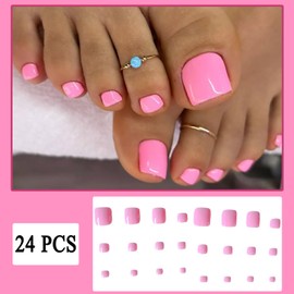 24 Pcs Solid Color Hot Pink Press on Toenails Short Square Fake Toe Nails Baby Pink Glossy Full Cover Pink Solid Color Design Summer False Glue on Toe Nails for Women Manicure Decoration