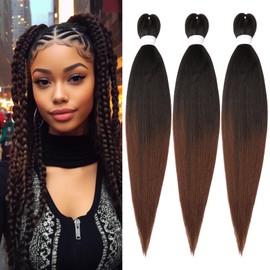 Roalnce Extensiones De Cabello Trenzado Preestirado Para Mujeres, Trenzas De Caja, Suaves, Sintéticas, Sin Nudos, Textura Yaki, Ajuste Con Agua Caliente, Trenza Marrón Ombré (24 Pulgadas, 3 Paquetes)