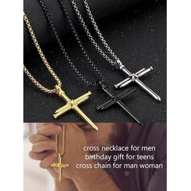 Nail Cross Necklace Stainless Steel Box Chain Pendant Necklaces for Men Women - Color: Black