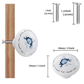 Tverghvad Ceramic Hand Painted Drawer Knobs, [4 Pack] Vintage Orchid Flower Round Cabinet Knobs and Pulls, Kitchen Furniture Knobs for Dresser/Cupboard/Wardrobe/Closet (Blue, 4 Pieces)