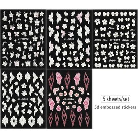 Fcozpjk 5D Pegatinas de uñas con flores blancas en relieve, 5 hojas de calcomanías florales autoadhesivas, arte de uñas de primavera con rosas y mariposas, flores acrílicas 3D para decoración de