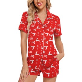 Leikar Womens Christmas Pajamas Sets Button Down Pajamas Sets Holiday PJs Shorts Lounge Set