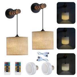 XSDeTu Rechargeable Battery Operated Wall Sconces Set of 2, Modern Battery Powered Wall Light with Wooden Arm & Remote Control, Adjustable 3 Colors Dimmable Wall Lamps for Bedroom, Living Room