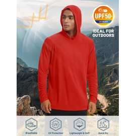 TACVASEN Men's Sun Shirts Hoodie UPF 50+ Rash Guard SPF UV Hooded Long Sleeve Dry Fit Fishing Hiking Lightweight Tomato Red