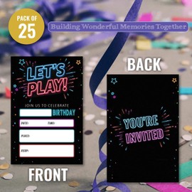 WENFLY Birthday Party Invitations Let's Play Card Neon Starlight Kit, 25 Pcs 4x6 Inch, Modern Flashing Dark Black Invites for Boy Girl Kids Teens