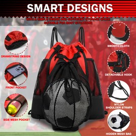 KAEGREEL Drawstring Soccer Bag, Foldable Basketball Football Backpack Versatile Sports Bag with Detachable Ball Mesh Bag for Gym Volleyball Baseball Yoga (Red & Black Stripes)