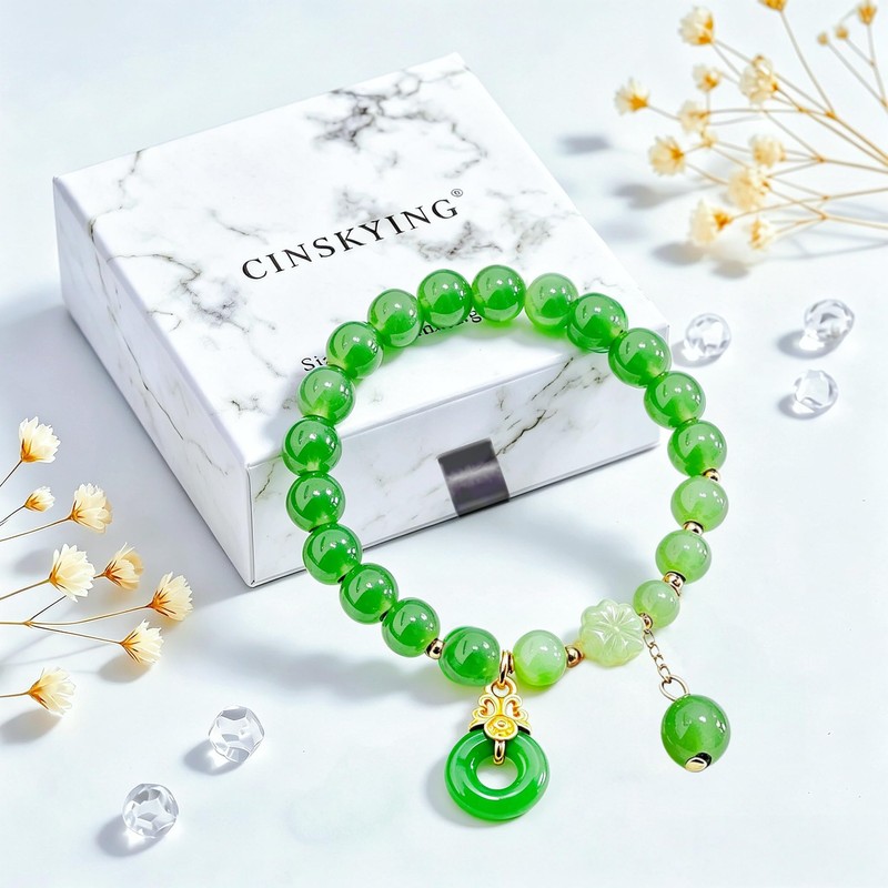 CINSKYING Fengshui Jade Bracelet, Handmade Bracelet with Good Luck Charm-J3