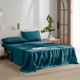 EVERLY Linen Queen Sheets Set, 100% Stonewashed French Linen Bed Sheets Deep Pocket Sheets, 4 Pieces (1 Flat Sheet, 1 Fitted Sheet, 2 Pillowcases) Natural Flax Bedding Set-Graphite Blue