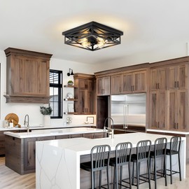 DIKAIDA 4-Light Flush Mount Ceiling Light Fixture, Kitchen Lights, Black Farmhouse Flush Mount Light Fixture, Metal Cage Closed to Ceiling Mounted Lights for Hallway Entryway E26 Base(1 Pack 13in)