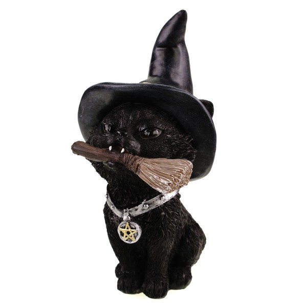 Kremers Schatzkiste Black Witch Cat with Broom 18 cm Gothic