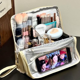 Geerlaqaly Makeup Bag, Women's Large Capacity Foldable Magnetic Travel Cosmetic Bags, Waterproof Portable Open with Divider,Beige