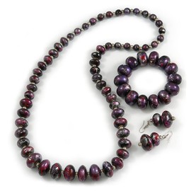 Avalaya Purple/Black/Red/Silver Wooden Bead Long Necklace, Drop Earrings, Flex Bracelet Set - 80cm Long
