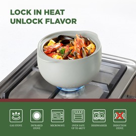 MINH LONG 1-Qt Porcelain Dutch Oven with Lid – Lead & Cadmium Free, Oven Safe to 482°F, Heat Retention, Clay Pot for Cooking on Gas & Infrared Cooktop, Use to Marinate, Cook, Bake, Refrigerate & Serve