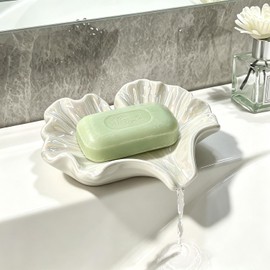 Ceramic Ginkgo Soap Dish, Self-Draining Tray White
