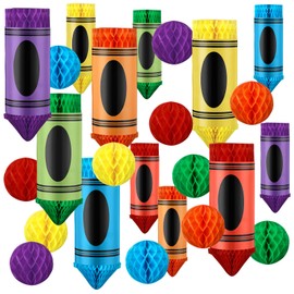 Seenelling 24 Pcs Back to School Decorations Honeycomb Centerpiece Include 12 Pencil Crayon Ceiling Hanging 12 Paper Honeycomb Balls for Celebrating Welcome First Day School Decor (Crayon)