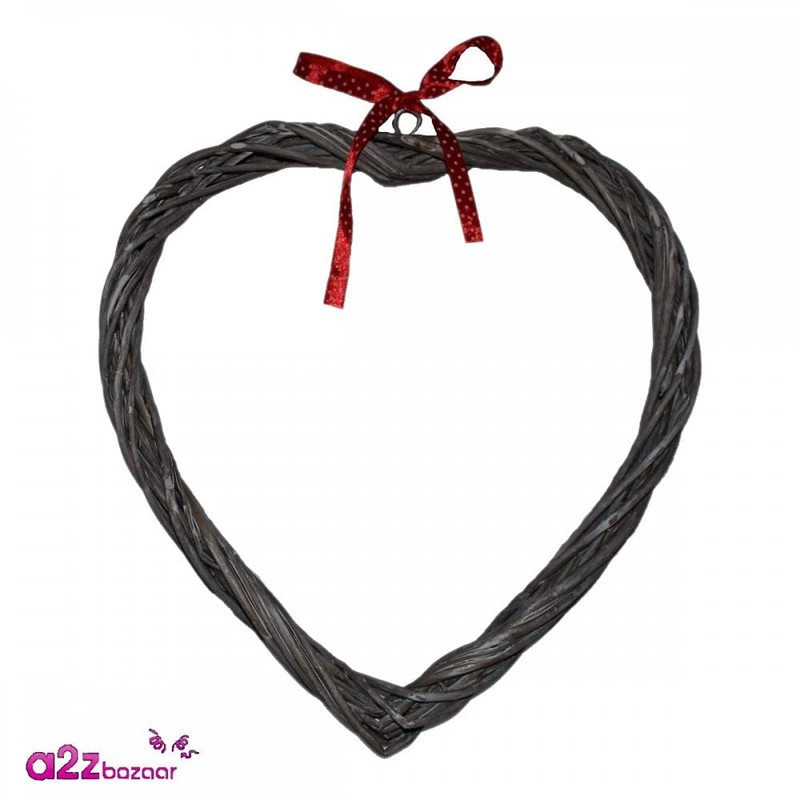 Grey Wash Willow Wide Heart Wreath With Red Spotty Ribbon