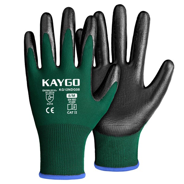 KAYGO Work Gloves Nitrile Coated, 12 Pairs KG12N，Seamless Knit, Protective