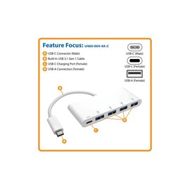 Tripp Lite 4-Port USB 3.1 Gen 1 USB-C to USB-A Portable Hub with x4 USB-A & USB-C Charging Port 5 Gbps (U460-004-4A-C)