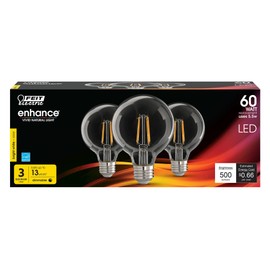 Feit Electric G2560/930CA/FIL/3/RP LED Filament Glass Globe Bulbs, Pack of 3; E26 Base; G25 Shape; 3000K; Dimmable; 90 CRI; Rated at 15000 Hours; 120V; 5.5W; 500 Lumens