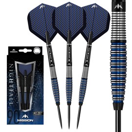 Mission Darts #_D1529 Nightfall | 22g Premium 90% Tungsten Curved Barrel Dart Set with Steel Tips including 3 Flights, 3 Mission Shafts with S-Lock Rings and Point Protector, M4, Black/Blue