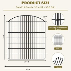 16 Panels No Dig Garden Fence with Gate, 32in x 38.6ft Decorative Dog Fence Outdoor for Yard, Tall Animal Barrier Fence Rustproof Metal Wire Garden Edging Border, Temporary Fence for Outdoor, Patio
