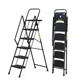 Donext 5 Steps Modern Steel Folding Ladder,Step Stool with Tool Tray Anti-Slip, Portable Step Ladder for Home Use,Black