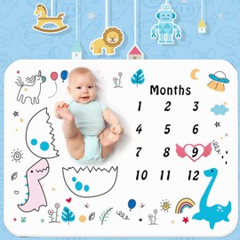 Baby Monthly Milestone Baby Blanket for Boy Girl, Dinosaur Shell Breaking Flannel Fleece Plush Newborn Infant Photo Blanket | for Pictures Photography for Newborn Boys & Girls New Mom Gifts (Blue)
