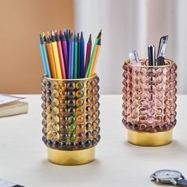 LEICURACE Makeup Brush Holder Organizer,Toothbrush Holders,Desk Pen Pencil Holder,Multifunctional Vintage Glass Brush Cup(A38-8-US/Red/L)
