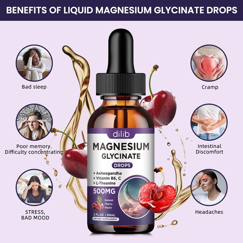 Magnesium Glycinate Liquid Drops 500mg, with Vitamin B6, Ashwagandha, L