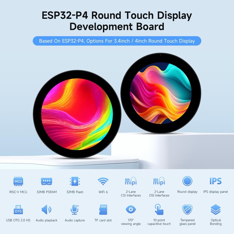 Waveshare ESP32-P4 4inch Wi-F6 Round Touch Display Development Board, 720