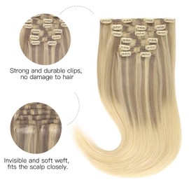 hotbanana Clip-In Hair Extensions, Ash Blonde to Golden Blonde and Platinum Blonde, 35 cm, 120 g, 7 Pieces Clip-In Hair Extensions, Real Hair, Straight, Remy Clip-in Hair Extensions