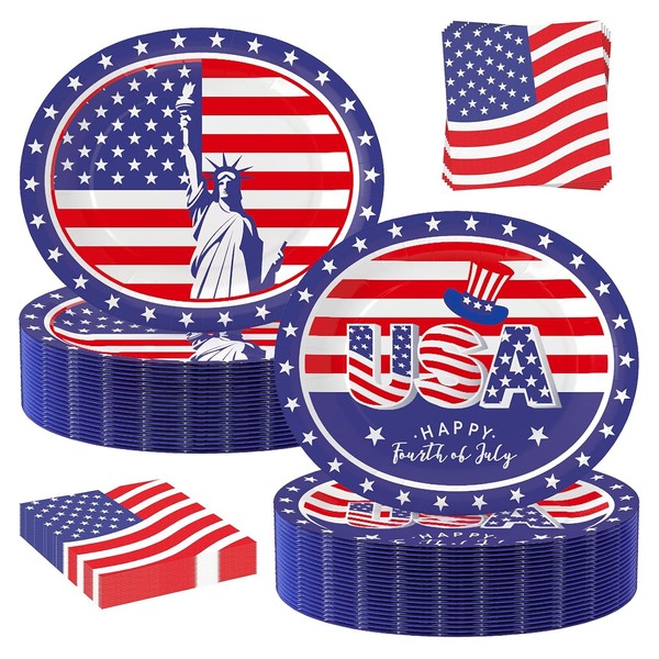 100Pcs 4th of July Oval Paper Plates and Napkins,10" x