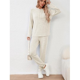 Famulily Lounge Wear Set for Women UK 2 Piece Fall Winter Outfits Long Sleeve Loose Track Suit with Drawstring Beige XXL