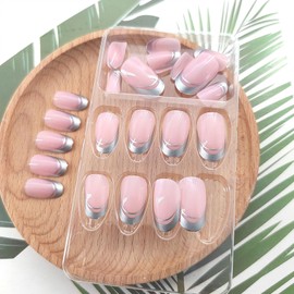 Silver French Tip Press on Nails Short Oval Fake Nails with Silver Lines Design Glue on Nails Press ons Light Pink Full Cover Glossy False Nails Artificial Stick on Nails for Women Girls 24Pcs
