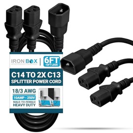IronBox Electric IEC C14 to 2X C13 Splitter Power Cord - 10A, 250V, 18/3 AWG - UL Listed Power Extension Cable - Heavy Duty Adapter Cables for Computer, Monitor, PDU, Printer & More (6ft + 2ft Legs)