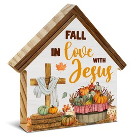 Christian Fall Decor, Fall in Love with Jesus House Shaped Wood Block Sign, Religious Cross Pumpkin Decor, Autumn Farmhouse Home Decorations for Desk Table Shelf
