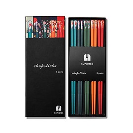 SUPJOYES 5 Pairs Fiberglass Chopsticks - Reusable Japanese Chopsticks Dishwasher Safe, Colorful Chopsticks Gift Set with Different Asian Pattern, Non-Slip Chop Sticks
