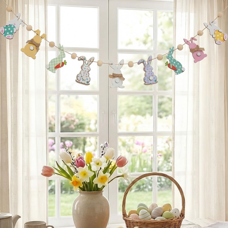 Leinuosen 8.2 ft Easter Bunny Garland Large Wooden Cute Rabbits