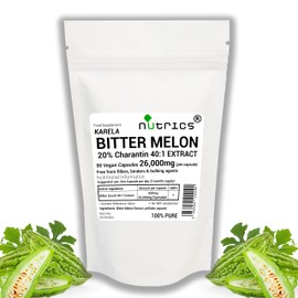 Nutrics® 26,000mg (per Capsule) Bitter Melon Extract 90 V Capsules - 20% CHARANTIN Strong One A Day - KARELA Bitter Gourd 100% Pure - No Additives (90 V Capsules (3 Months Supply)) (90)