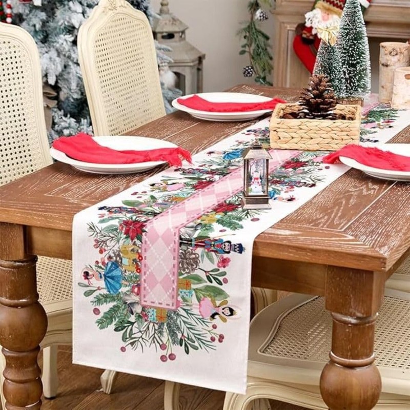 13x72 Inch Christmas Table Runner Nutcracker Flower Tree Winter Table