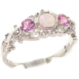 925 Sterling Silver Real Genuine Opal and Pink Tourmaline Womens Promise Ring - Size 9