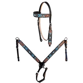 CHALLENGER Horse Show Bridle Leather Western Antique Floral Tooled Leather Beaded Bridle Breast Collar Tack 79FK04B