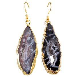 SUNYIK Natural Quartz Geode Agate Slice Dangle Earrings,Dark Color Crystal Druzy