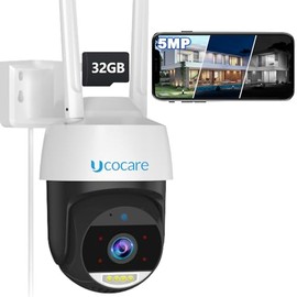 UCOCARE 2.5K 5MP WiFi Security Camera Outdoor with 32GB Memory Card, 360° CCTV Camera Outdoor, Auto Tracking, 24/7 Recording, Smart Motion Detection, Color Night, Siren, 2-Way Talk, IP67