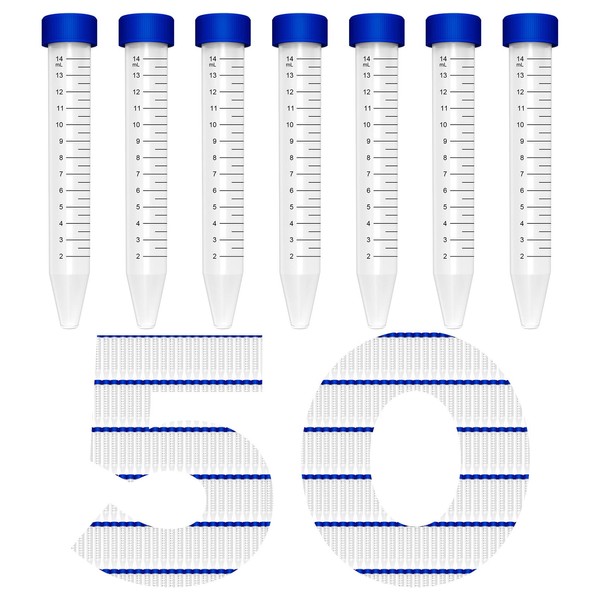 Membrane Solutions Conical Centrifuge Tubes 15mL, 50 Pack Sterile Plastic Test Tubes with Screw Caps, Polypropylene Container with Graduated and Write-on Spot, Non-Pyrogenic, DN/RNase Free
