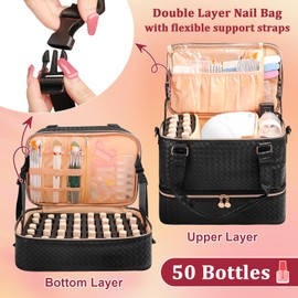 SIYNPAV SIYNPAV Nail Polish Organizer Bag Holds 50 Bottles (15ml/0.5 fl.oz)& Nail Lamp, Vegan Leather Nail Kit Storage Case with Holder Staps, Portable Nail Supplies Organizer for Manicure Tools (Black)
