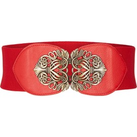 BlackButterfly 3 Inch Wide Waspie Elastic Vintage Buckle Waist Belt (Red, XXL)