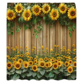 Rustic Sunflower Shower Curtain Vintage Country Farmhouse Wooden Board Plank Spring Yellow Floral Green Leaves Nature Plant Scenery Fabric Bathroom Curtain Set with Hook