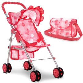 Dolls To Play Baby Doll Stroller Carriage for Girls w/ Canopy, Storage & Bag - Pink
