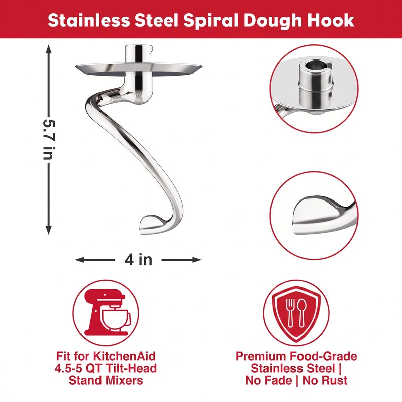HOZODO Spiral Dough Hook for KitchenAid 4.5/5 Quart Tilt-Head Mixers